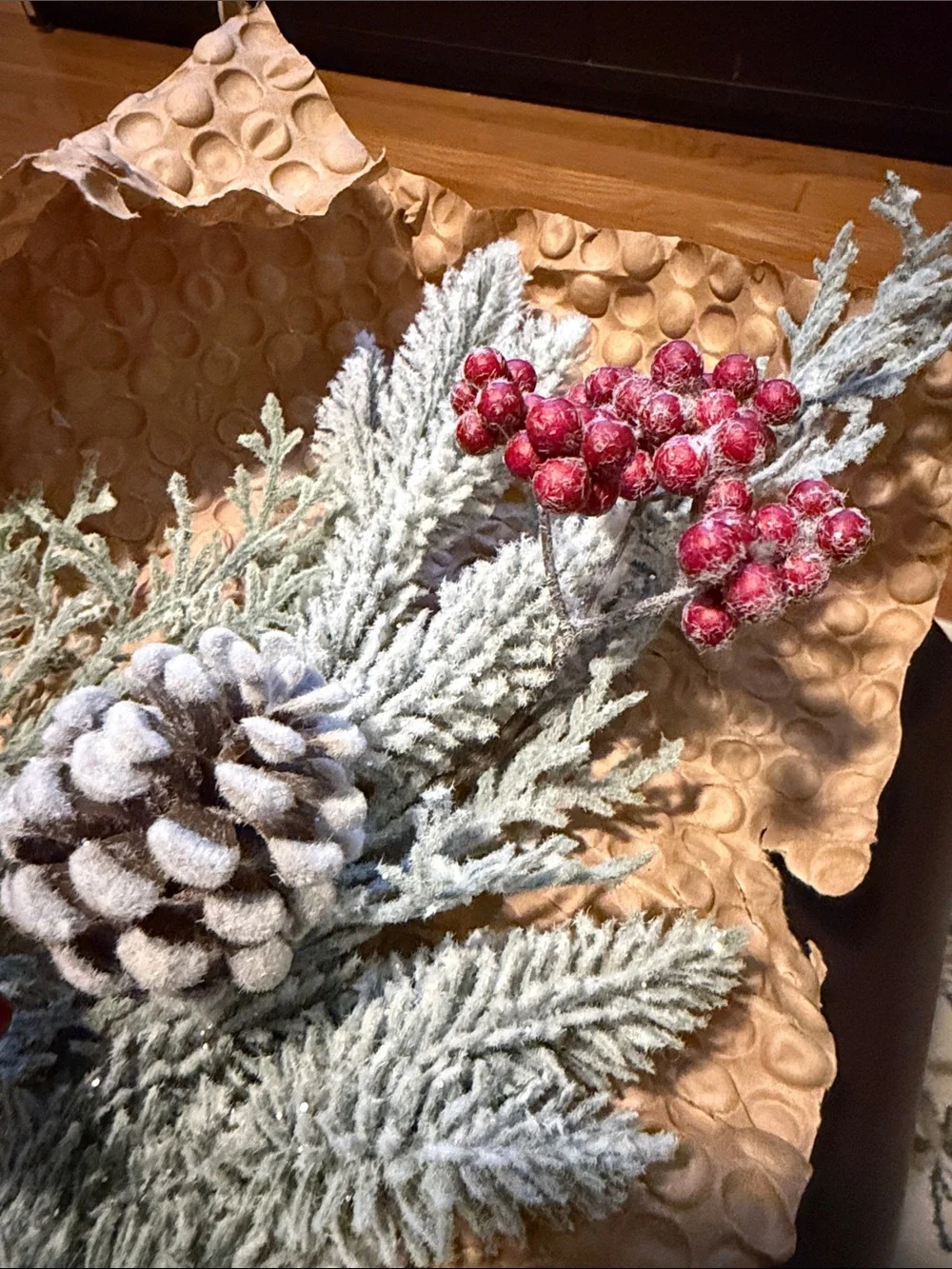 Flocked Pine Cone & Berry Spray - Frosted Green and Red
